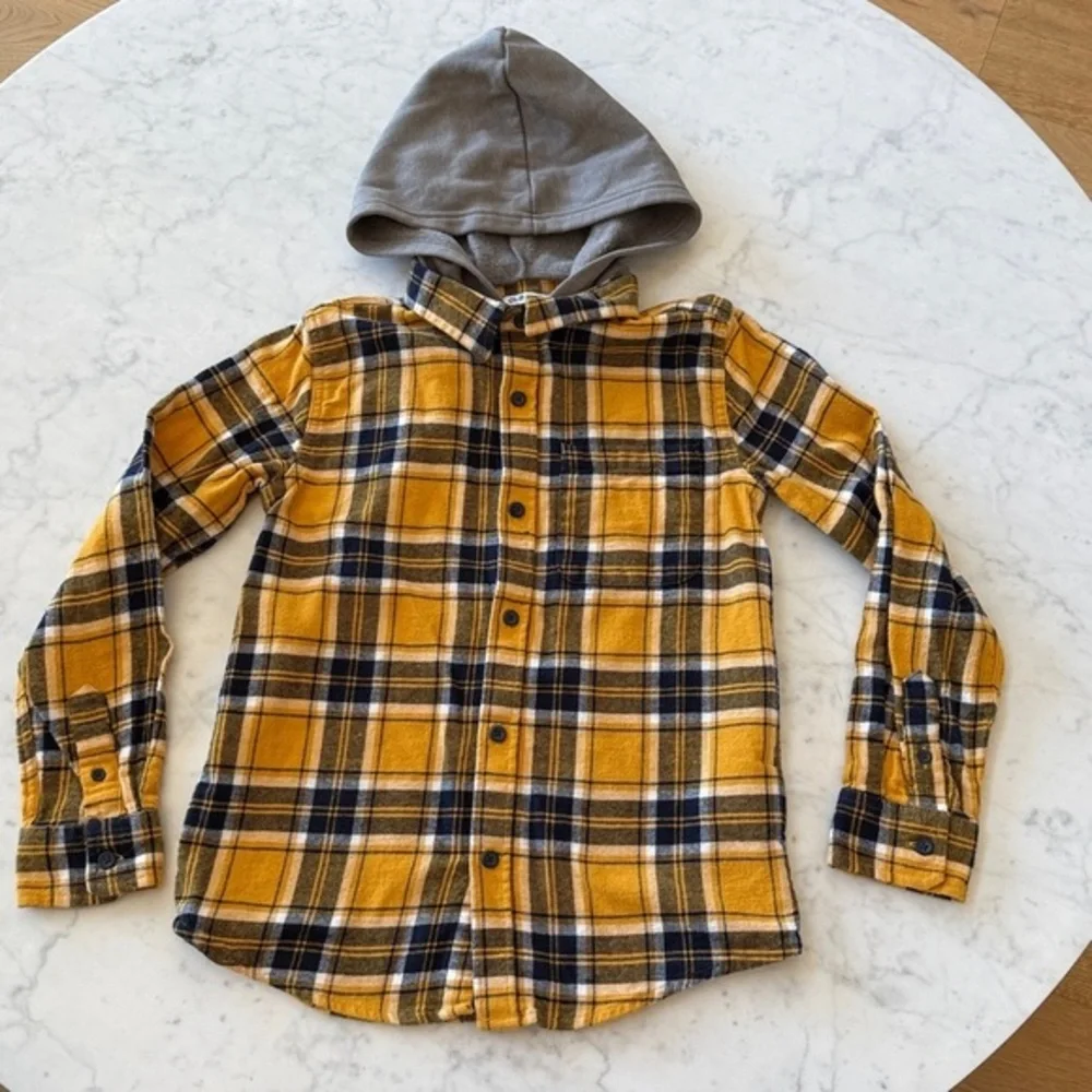 Old Navy Boys Hooded Flannel Shirt Size 10 Yellow Plaid